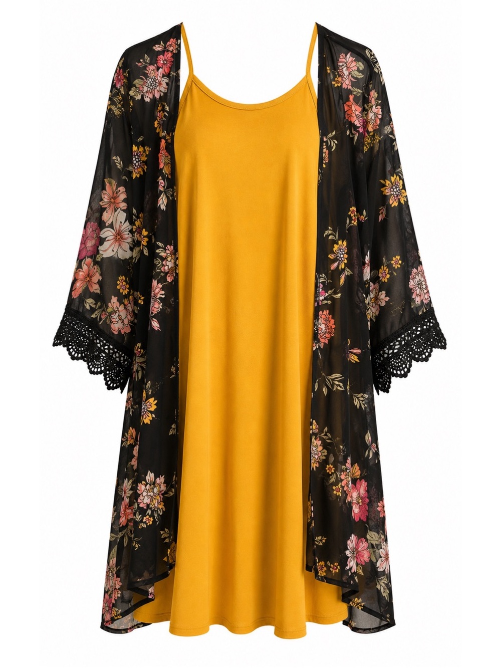 Wallflower Mustard Yellow & Sheer Floral Kimono & Dress Set Womens Size M